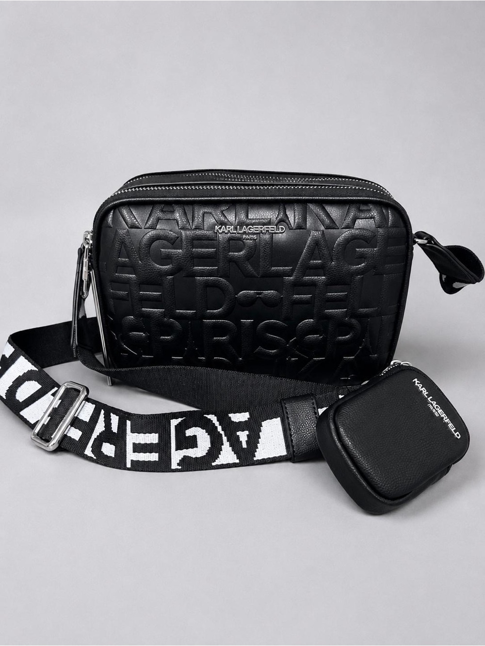 KARL LAGERFELD Black Logo Embossed Small Crossbody Bag Zip Pouch Strap